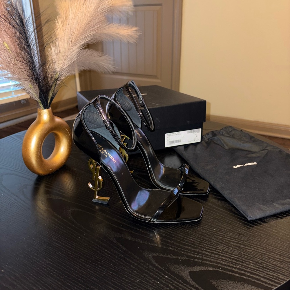 Saint Laurent Black Patent Opyum Sculptural-Heel Sandals - Picture 1 of 6